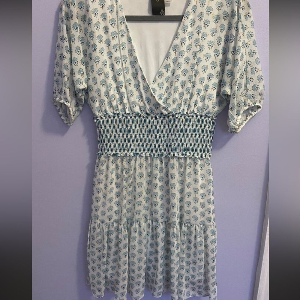 Taylor Floral Print Metallic threads Smocked Waist Dress tiered mini S